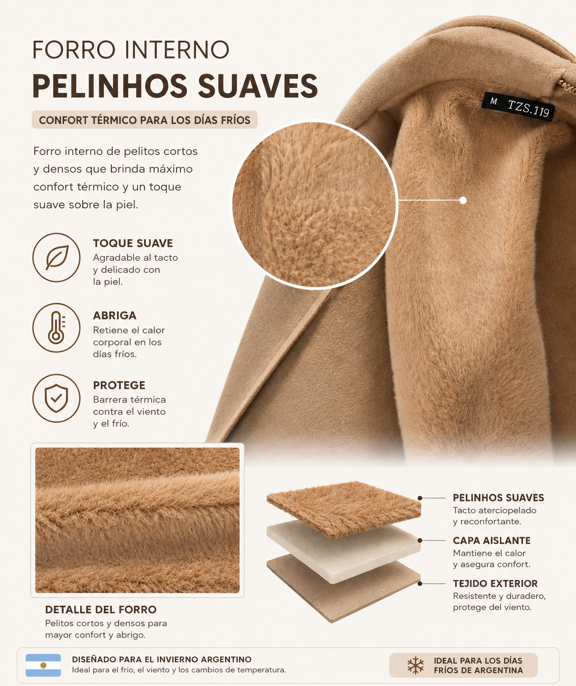 Pelinhos suaves — detalle del tejido peluciado del abrigo